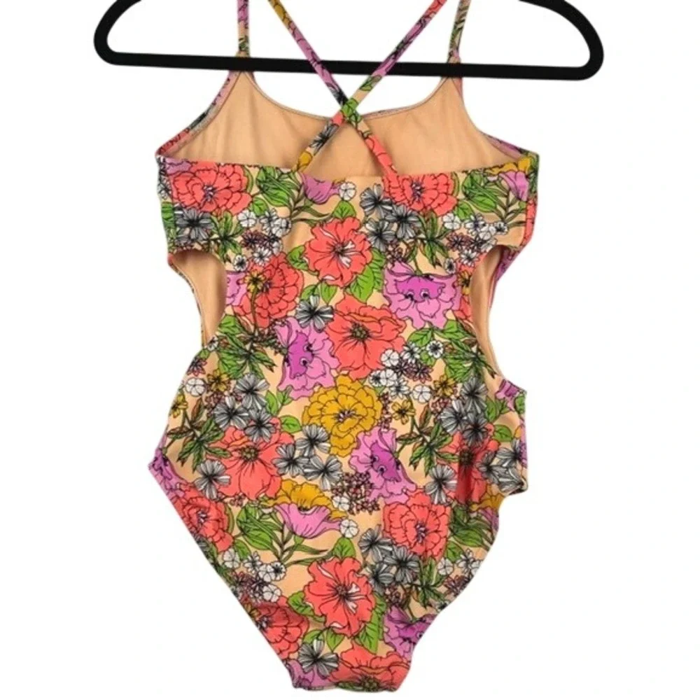 Cat & Jack Girls Floral One Piece Swimsuit Side Cut Out Orange Pink XL 14